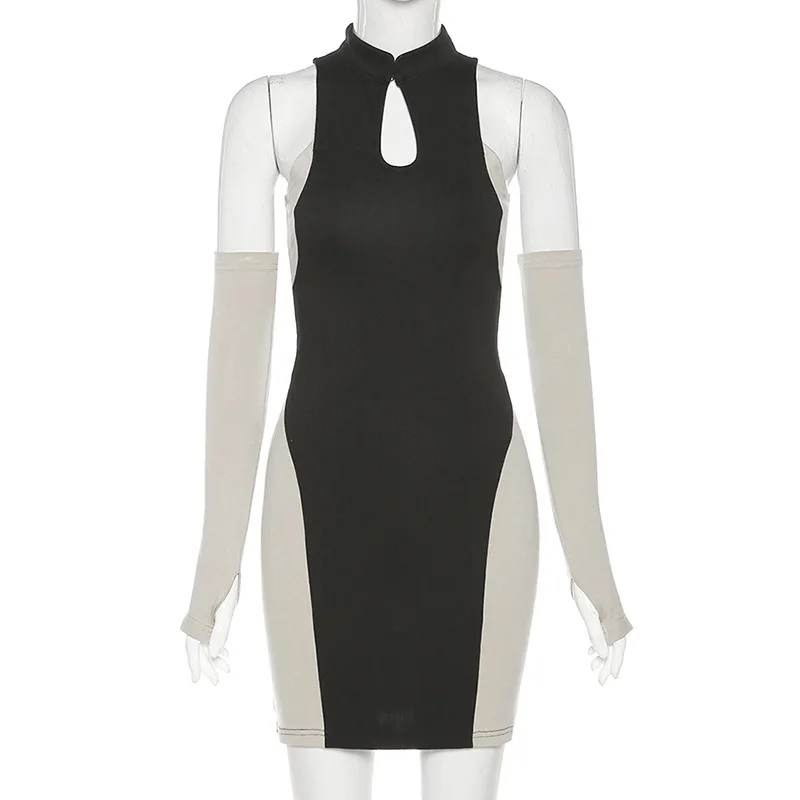 

Patchwork Fashion Vestidos 2021 New Women Dresses Long Sleeve Hollow Out Sexy Clubwear High Neck Mini Robe Bodycon gothic Dress
