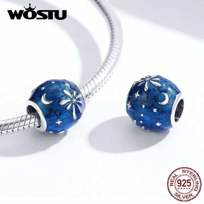 WOSTU серебро 925 пробы фейерверк синие Бусины Круглый Шарм оригинальный браслет
