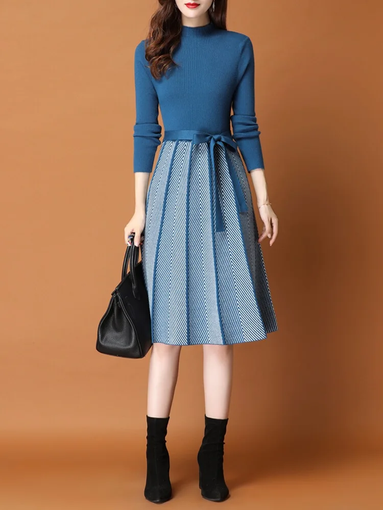 Стильное платье с воланами и длинными рукавами SMTHMA винтажное элегантное вязаное платье новой зимы для женщин в офисном стиле средней длины Vestido Da Festa.