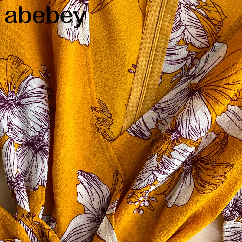 

Print Jumpsuit Women High Waist Playsuits with Belt 2021 Summer Chiffon Flare Sleeve Back Zipper Wide Leg Short Pants