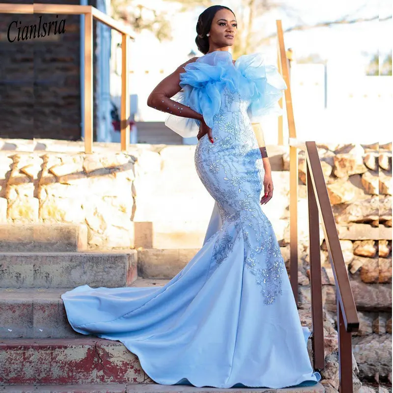 

Sky Blue Illusion High Neck African Nigerian Mermaid Evening Dress Long Sleeve Sequined Appliques Formal Evening Party Dresses