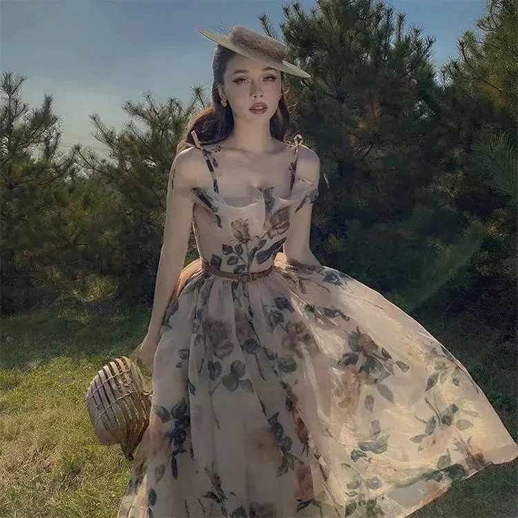 

Printed French leisure fashion design feeling sweet and fresh high waist slim 2021 summer new women's dress