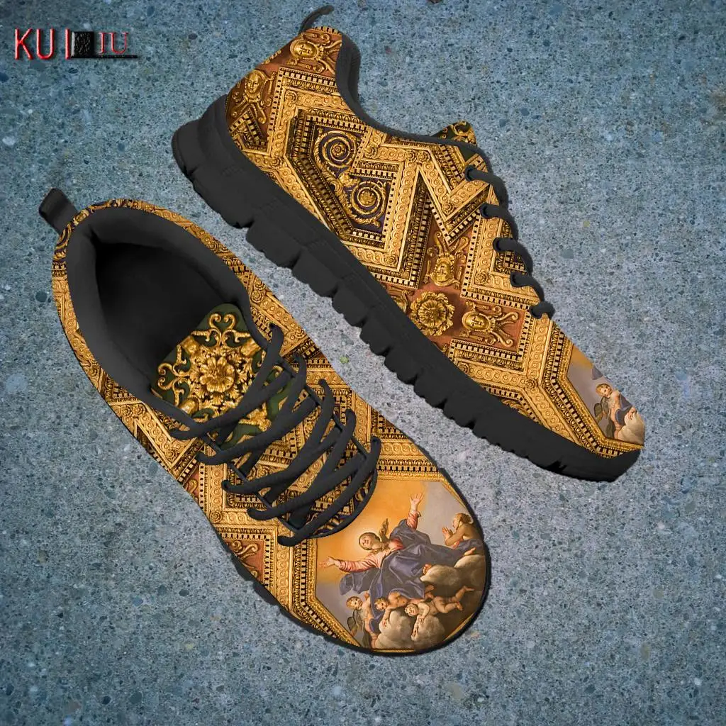 

KUILIU Golden Vintage Luxury European Pattern Men Women Breathable Shoes Autumn Air Mesh Breathable Baroque Design Unisex Shoes