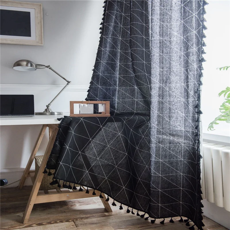 

Black Geometric Printed With Tassel Curtain Window Treatments Cotton Linen Home Shading Interior Curtains Decoration-supplies