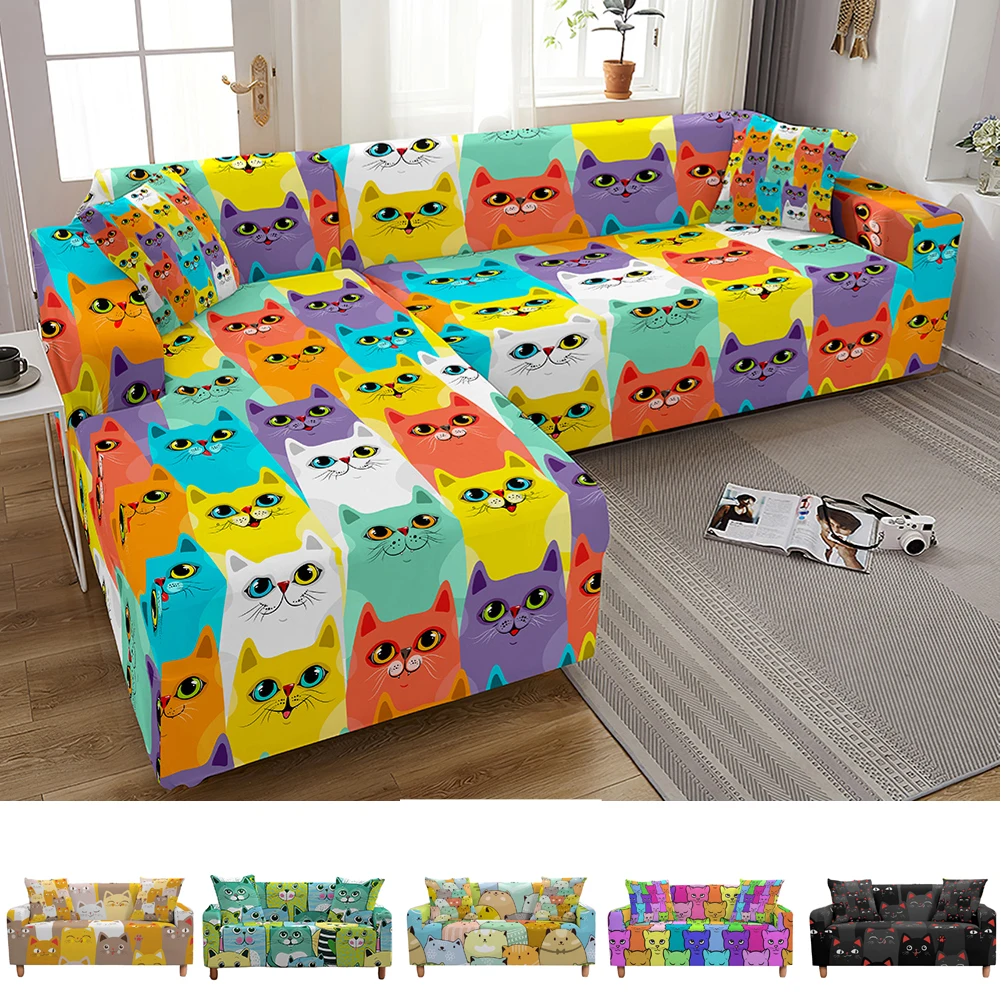 

1Pcs Cute Cats Sofa Cover for Living Room Chair Sofa 1/2/3/4 Seater Elastic Slipcovers All Corners Sofa Furniture Stretch Set