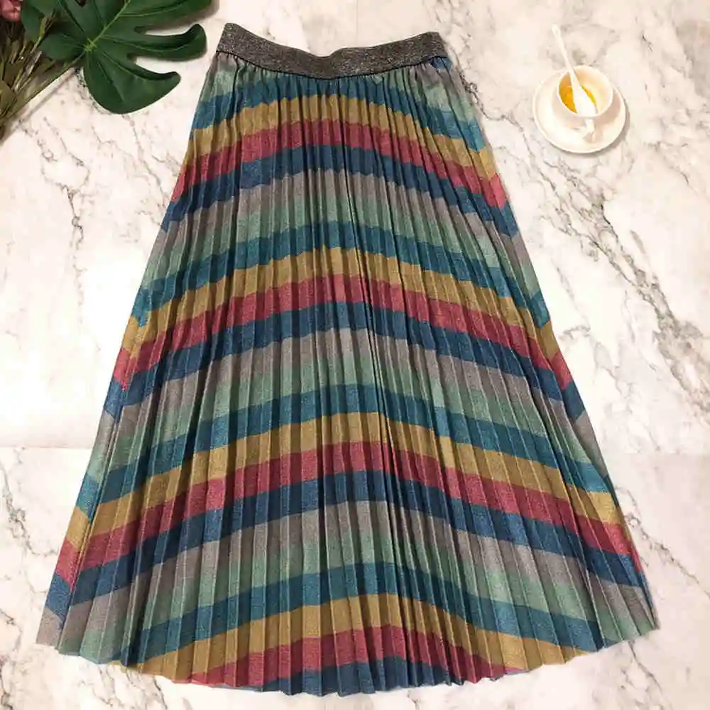 Striped REALEFT Новое поступление Женская шикарная Радужная полосатая винтажная плиссированная длинная юбка с высокой талией Harajuku Тюлевая А-силуэт до середины икры вечерние юбки - Цвет: Striped