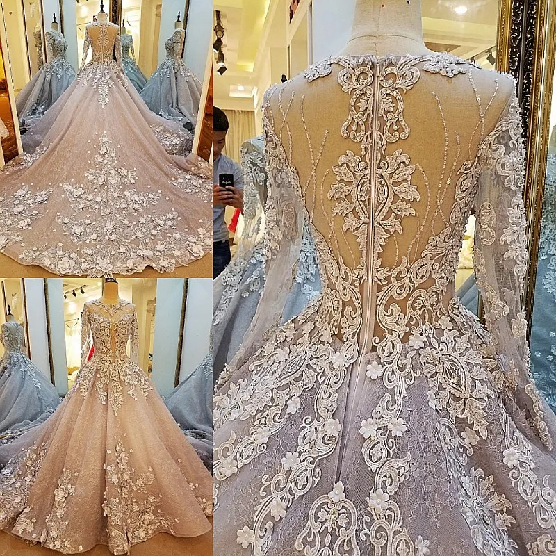 LS38520 длинный рукав вечернее платье кружево Линия молнии назад серый 3D цветы мать