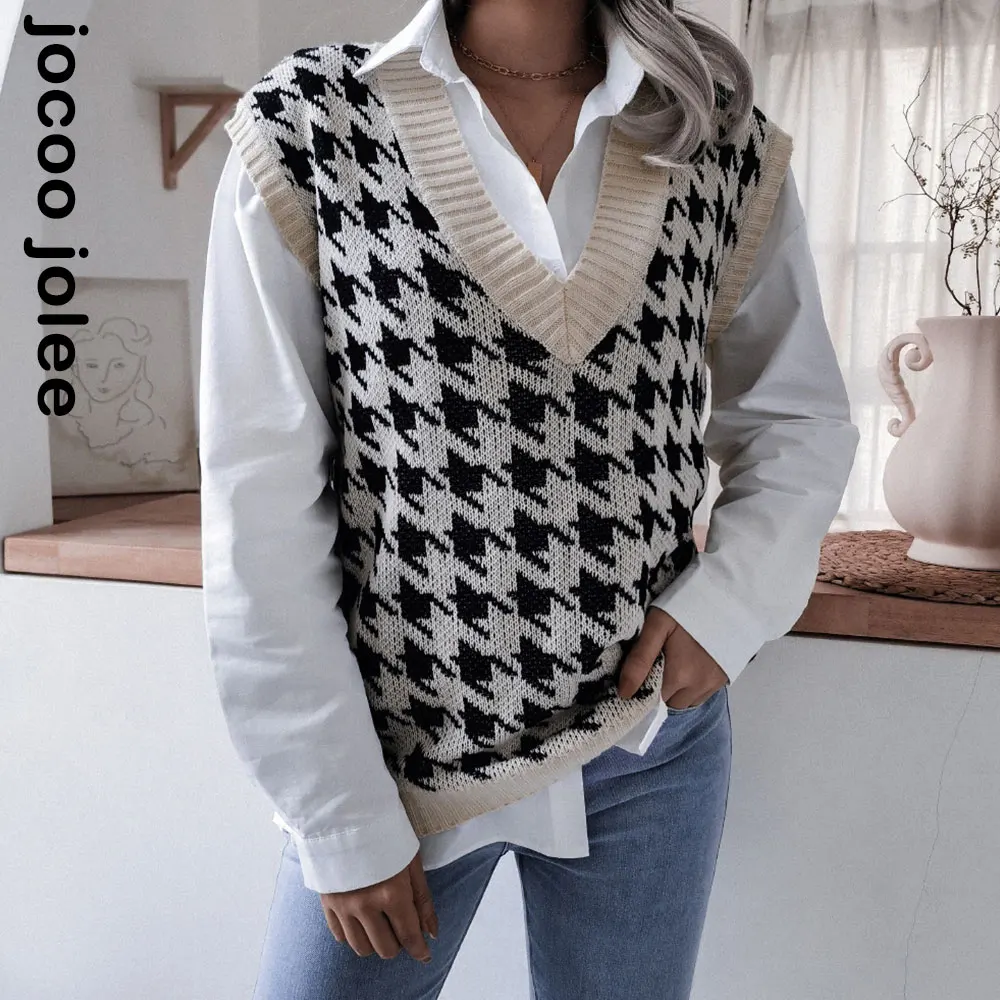 

Autumn Winter Women Sweater Houndstooth Vest V Neck Sleeveless Knitted Pullover Casual Loose Ladies Tops Elegant Waistcoat