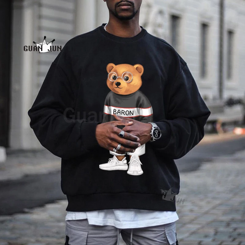 

Hip Hop Men's Hoodies Big Pattern Autumn Fleece Male Hooded Sweatshirts Hipster Luxury Bear Black Tracksuit Fashion Hoodie Male