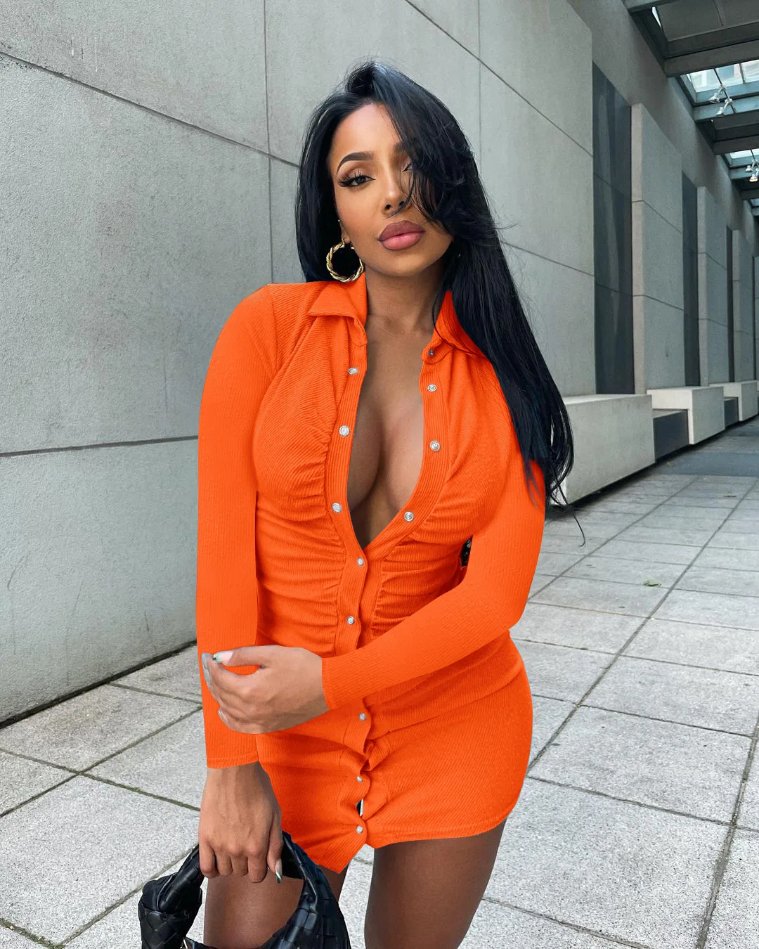 

Casual ruched slim shirt dress Fall women ribbed long sleeve turn-down collar button down mini bodycon dress Chic party vestido