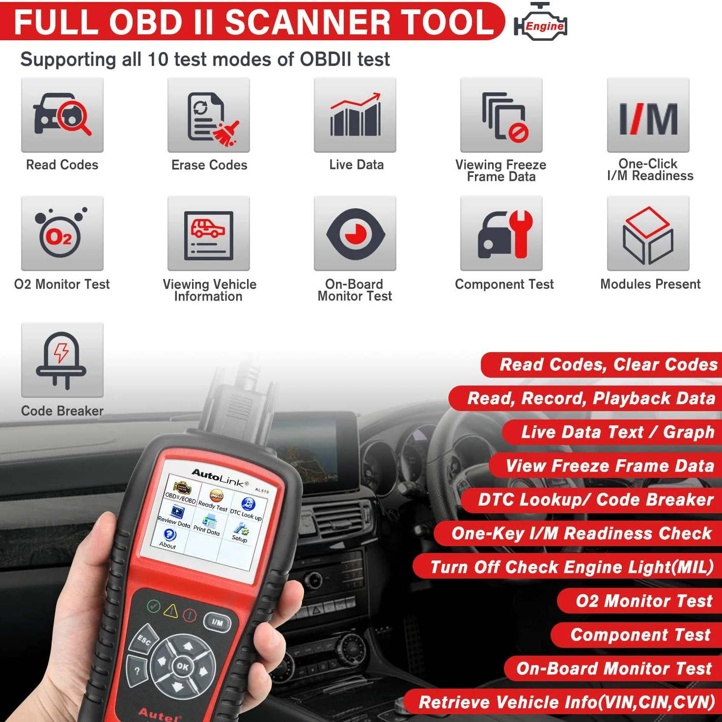 Autel AL519 OBD2 сканер диагностический инструмент автомобиля код читателя Escaner Automotriz