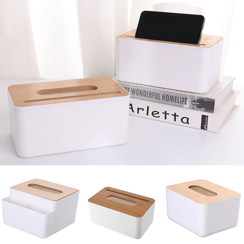 

1pcs Tissue Storage Box Case Mobile Phone Holder with Wooden Lid Home Storage for Home Office Boxes