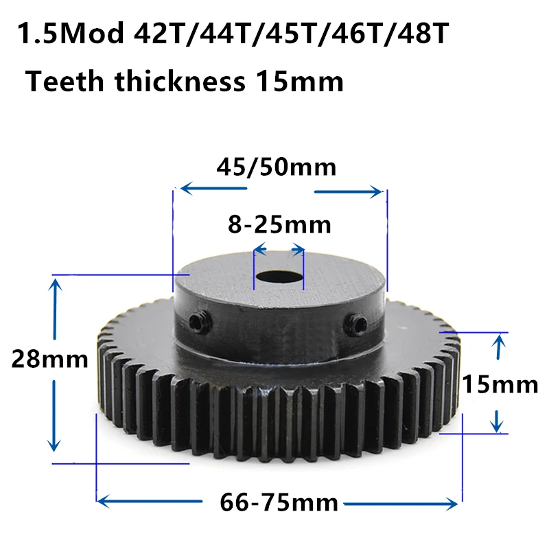 Piñón de engranaje recto de alta frecuencia, 1,5 M, 42T, 45T, 48T, piñón de engranaje de 15mm de ancho, 1.5mod, 45 dientes, diámetro de 8-25mm, cnc