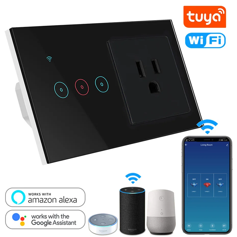 

Tuya WIFI Smart Timer Touch Glass panel 110V 220V Socket 3 Pin 16A 1/2/3 Gang WiFi Electrical Socket Work with Alexa Google Home