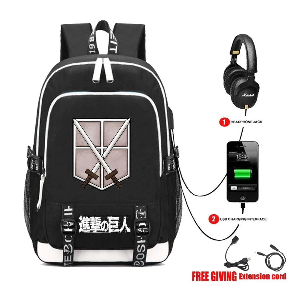 

Attack on Titans backpack cosplay packsack student Schoolbag USB charging Headphone jack Teenagers men Shoulder Bag 12 style