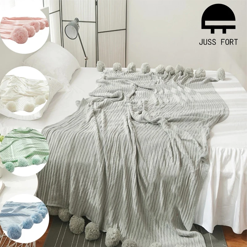 Хлопковое вязаное одеяло Флисовое с шариками покрывало для кровати 5 цветов