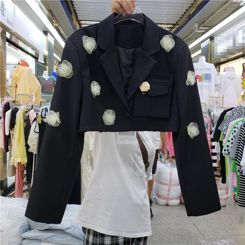 

Cool Black Drawstring Cropped Women's Jacket Autumn New Notched Lng Sleeve 3D Flower Appliques Short Blazer Outwear