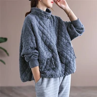 autumn winter clothes female leisure thermal cotton high neck sweatshirt women loose hedging rhombic quilted jacket tops m2059