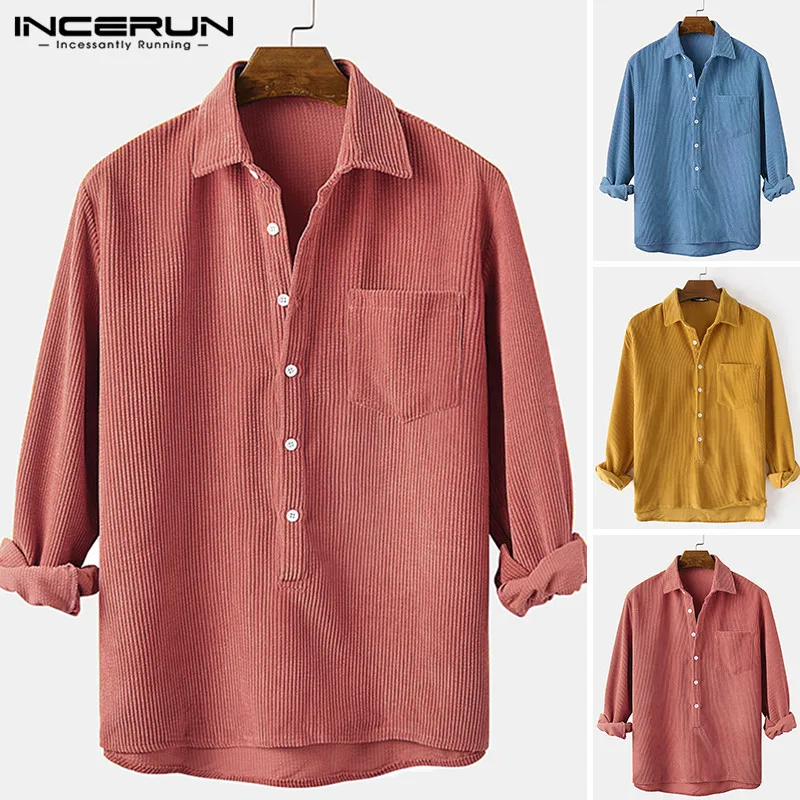 

2021 Men Casual Corduroy Shirt Long Sleeve Button Solid Color Lapel Vintage Leisure Shirts Men Streetwear Camisas S-3XL INCERUN
