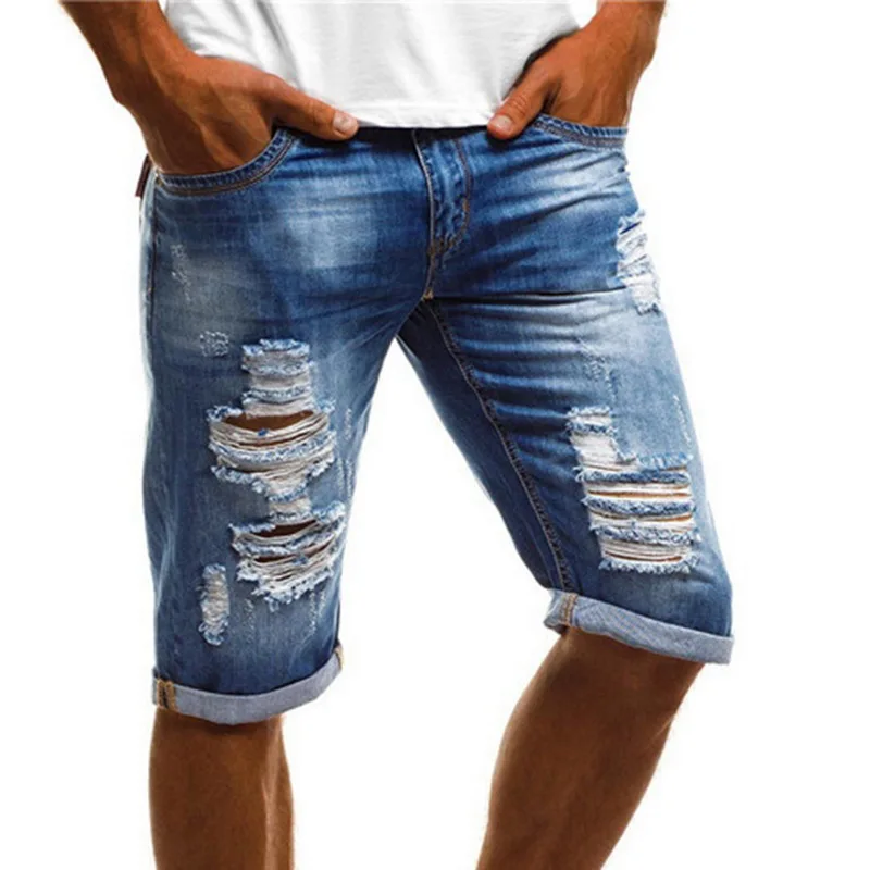 Ripped Jeans Shorts for Men Summer Fashion Mid Waist Flanging Distressed Jeans Man Casual Straight Denim Shorts