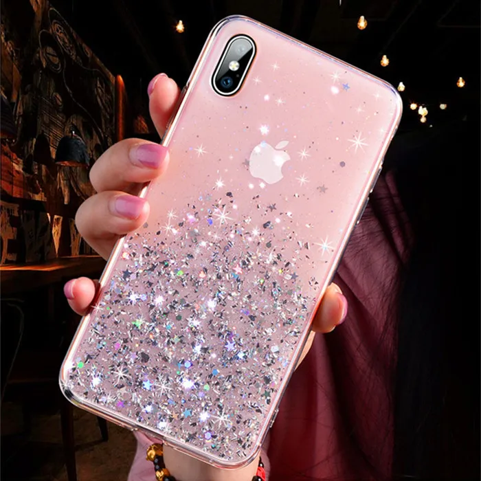 Розовый Роскошный блестящий Блестящий блестящий чехол для iPhone X XR 11 Pro XS MAX 6 6S 7 8 Plus Блестящий прозрачный мягкий чехол из ТПУ - Цвет: Розовый