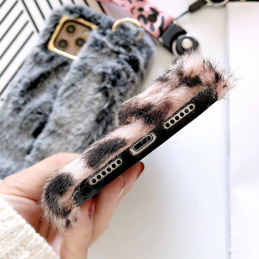 JONSNOW Леопардовый плюшевый чехол на запястье для iPhone 11 Pro X XR XS Max теплый зимний чехол для телефона для iPhone 7 8 6S 6 Plus чехол