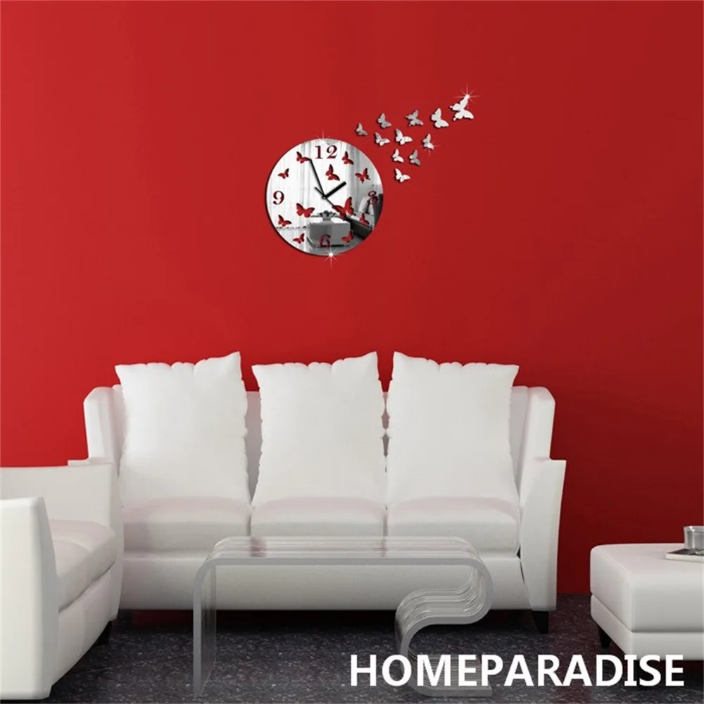 Diy 3d бабочки Искусство с украшением в виде кристаллов зеркальные настенные часы