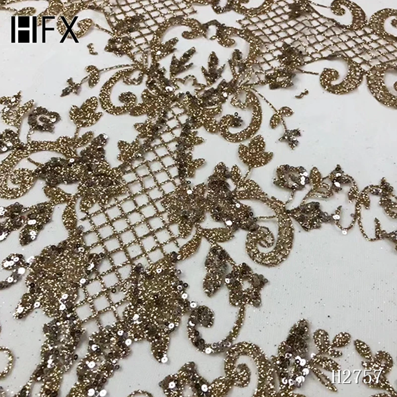 HFX высокого качества нигерийские кружевные ткани золотые блестки, кружева ткань розовый тюль кружева ткань лучшие продажи Африканские кружева F2757