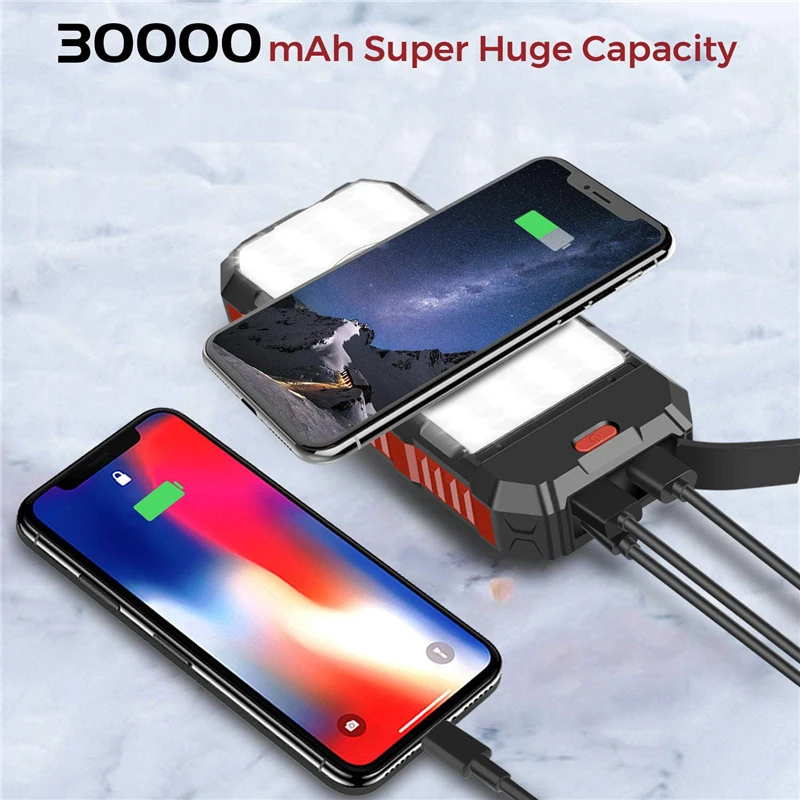 

30000mAh Solar Power Bank Qi Wireless Charger for iPhone 12 Samsung S21 Xiaomi Powerbank with Camping Light 15W Type C Poverbank