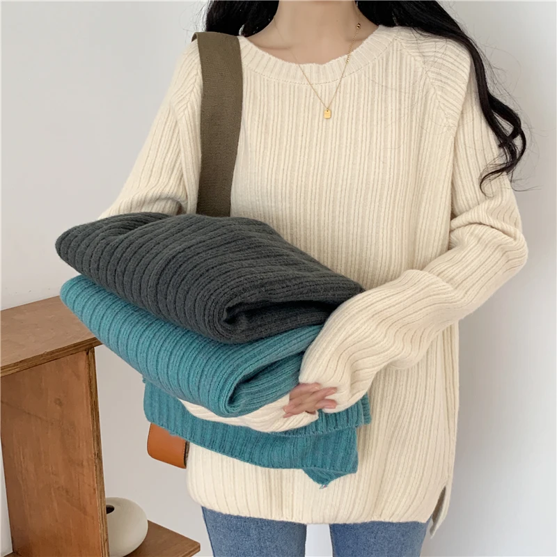 

Autumn Winter Knitted Woman Sweaters O-Neck Split Fork Pullovers Women's Jumper Tops Loose Long Sleeve Women Sweater Girls