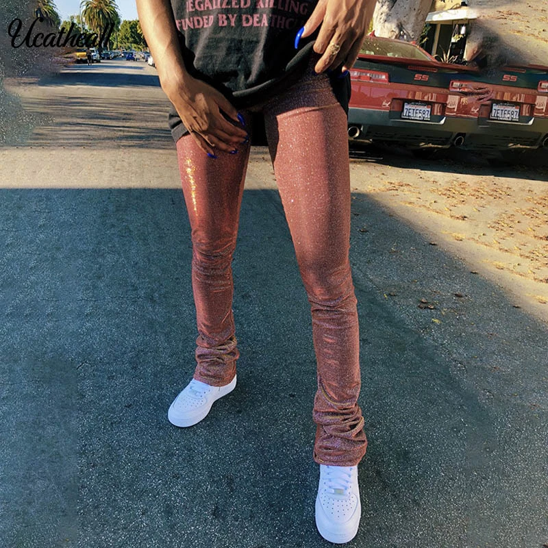 Элегантные брюки с высокой талией блестящие Клубные брюки-карандаш для