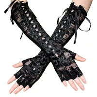black lace up fingerless gloves elbow steampunk for womens costume party arm warmer sexy mittens clubwear cosplay accessories