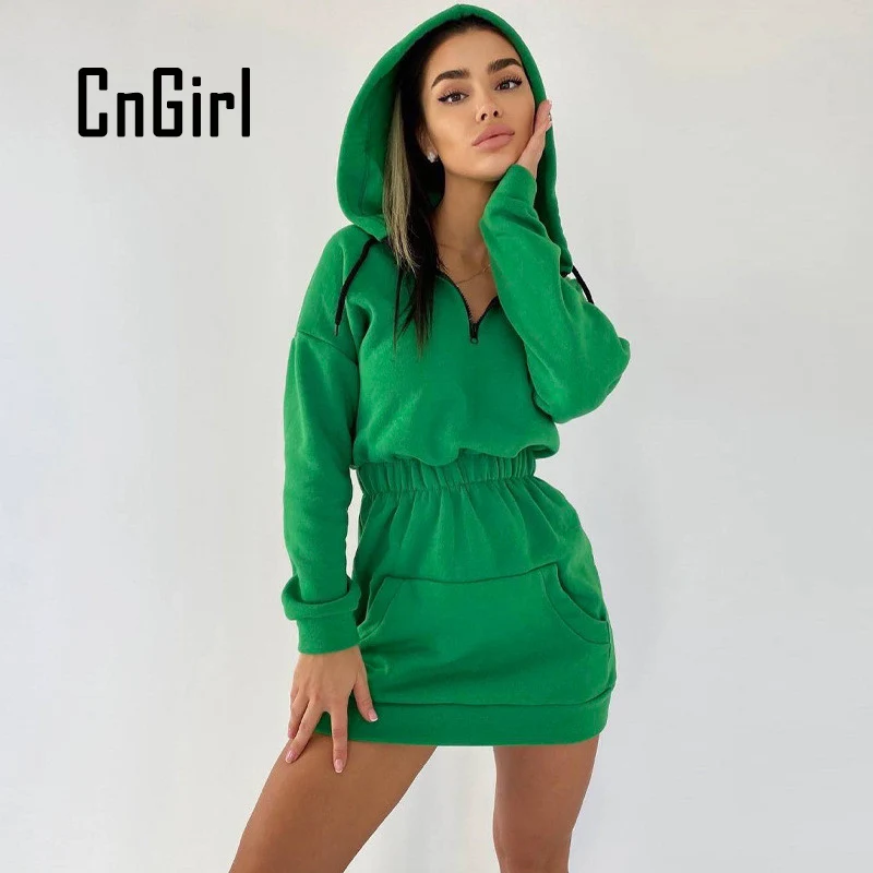 

CnGirl 2021 Autumn Hooded Dress Women Fashion Pocket A-Line Solid Color Casual Robes Long Sleeve Female Chic Mini Dresss Vestido