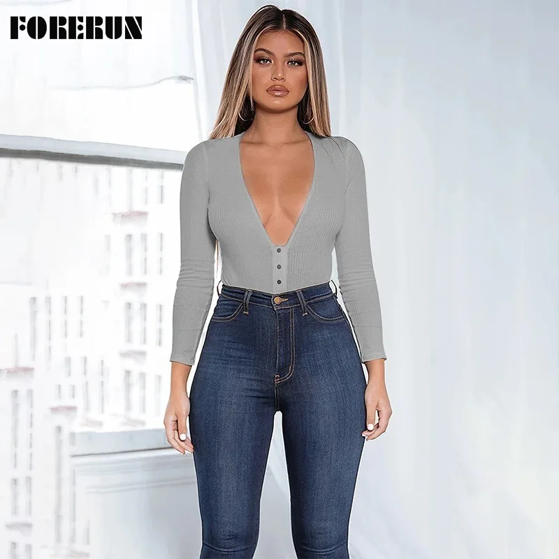 

FORERUN Sexy Bodysuit Women Deep V Neck Long Sleeve Rib Knitted Cotton Bodys Autumn Winter Jumpsuit Solid Bodycon Bodysuits