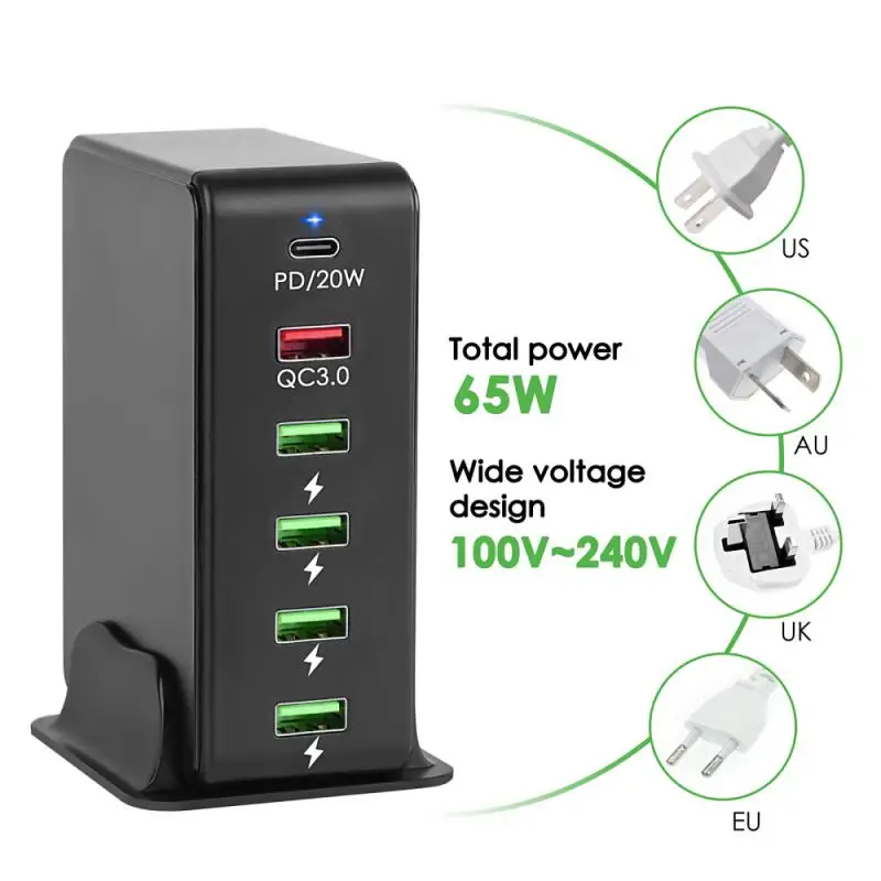 

New 6 Port PD 20W QC3.0 USB Fast Charger Dual Protocol Quick Charge Multi-Function Smart Adapter Charger For Phone Computer