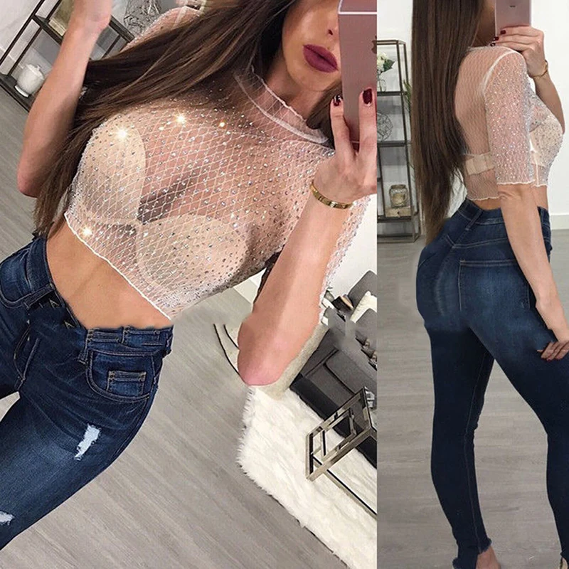 Women Sexy Mesh Hot Drilling Transparent T-shirt Summer 2019 Half Sleeve Ladies Crop Top Fashion | Женская одежда