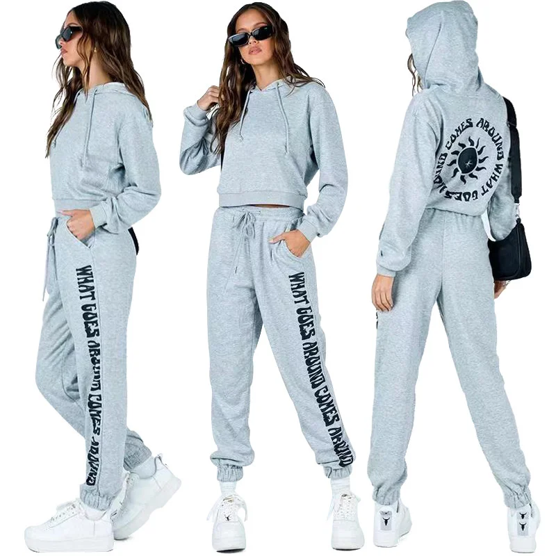 

Letter print slim fit women's hooded sweater pants cotton suit