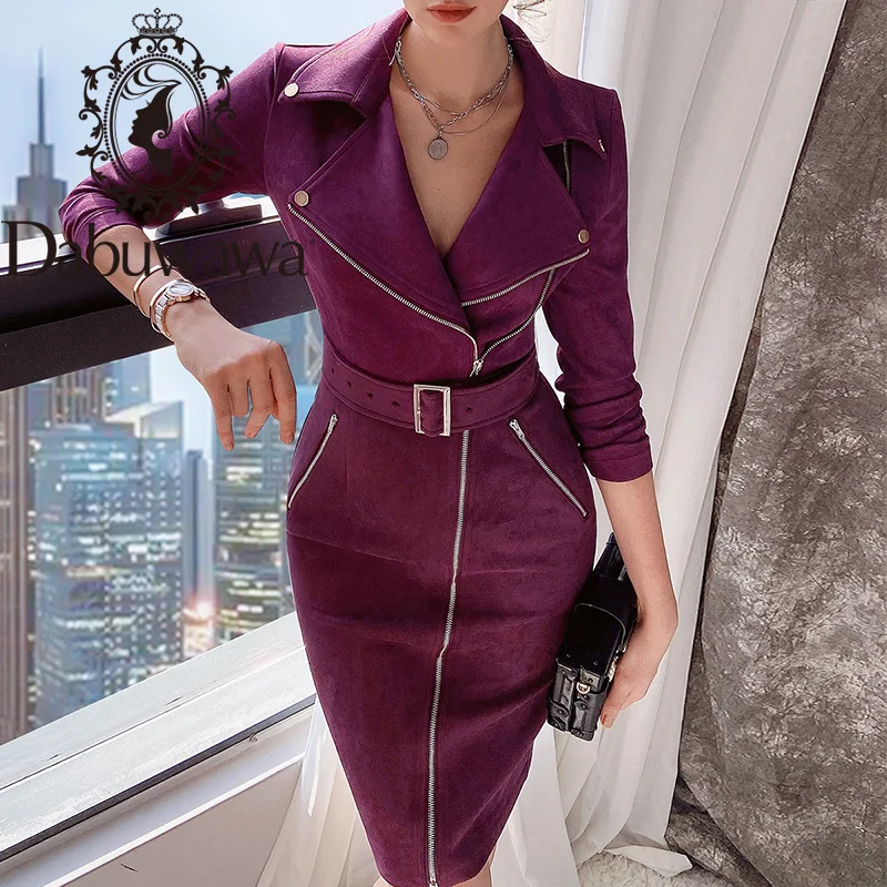 

Dabuwawa Sexy Bodycon Pencil Dress Women Long Sleeve Zipper Sash Streetwear Solid Dresses Female Spring Autumn DO1ADR028