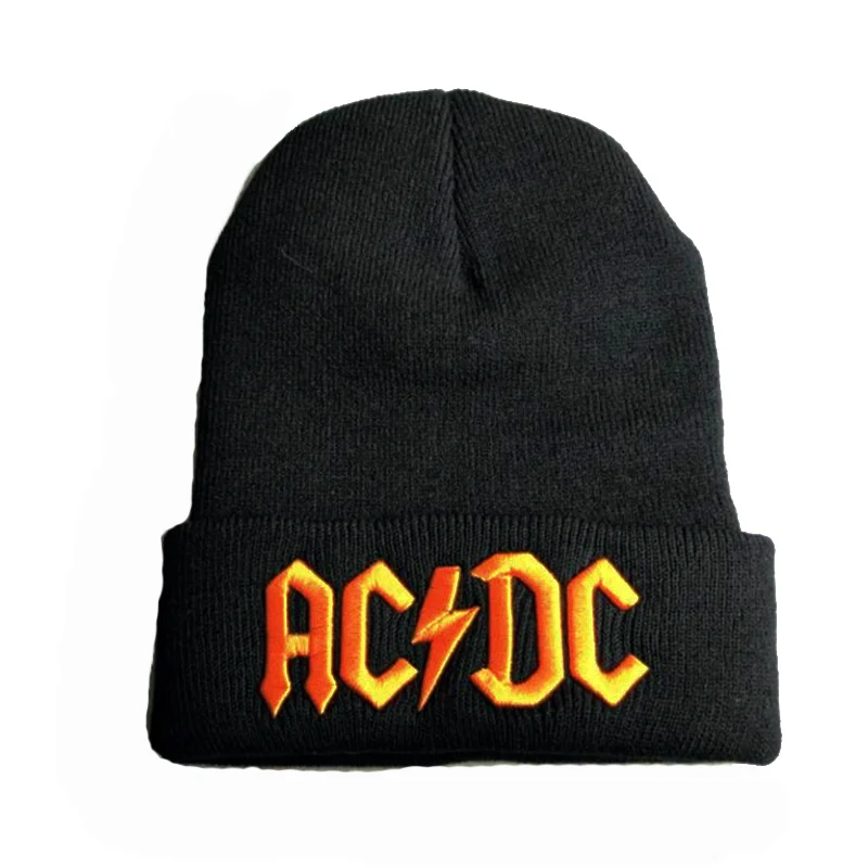 

New High Quality Winter Women Casual Acrylic Knitting Skullies Beanie Cap Men AC DC Thunder Letter Embroidery Ski Warm Hat 2020