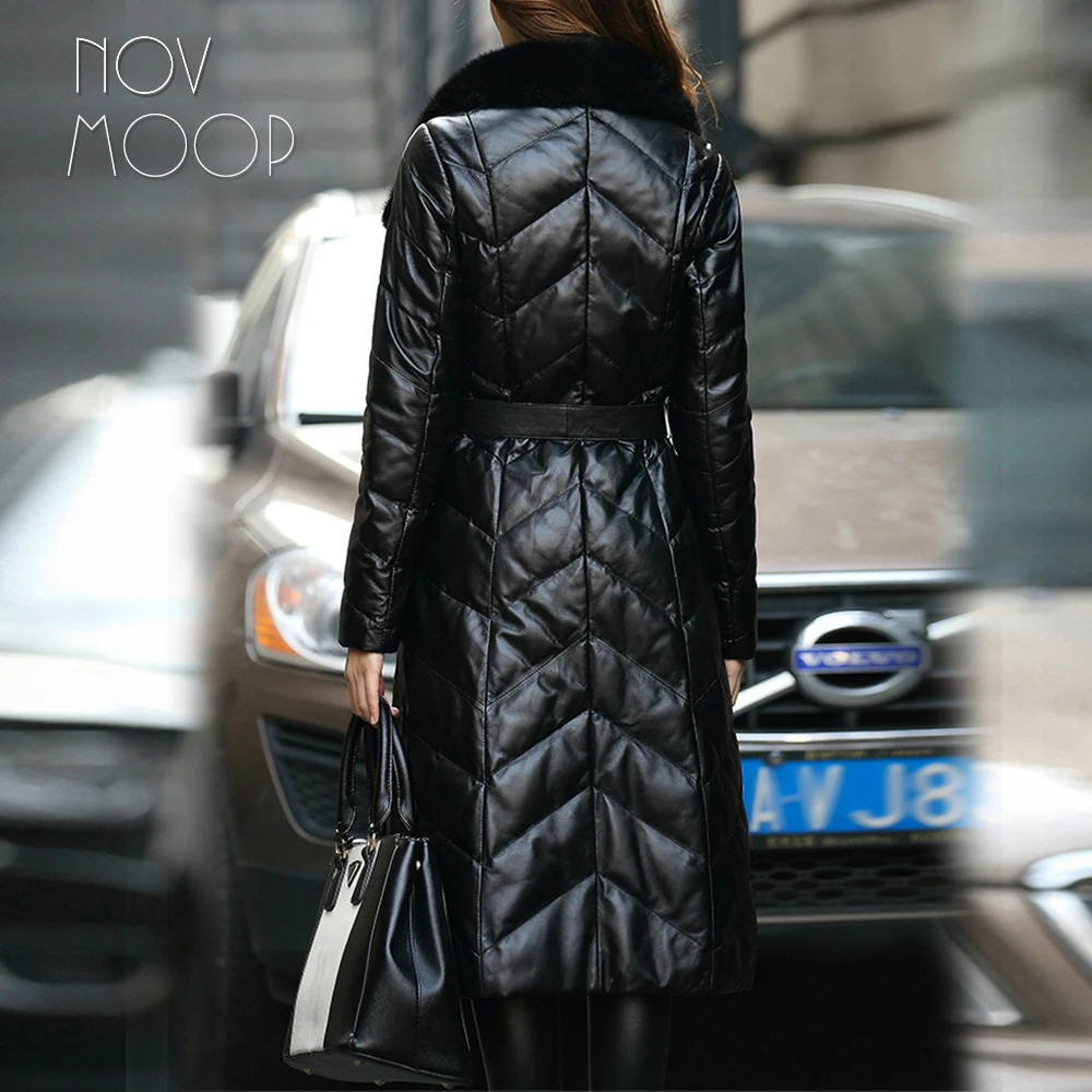 Novmoop офисный Женский Черный пуховик выше колена с воротником из меха норки и