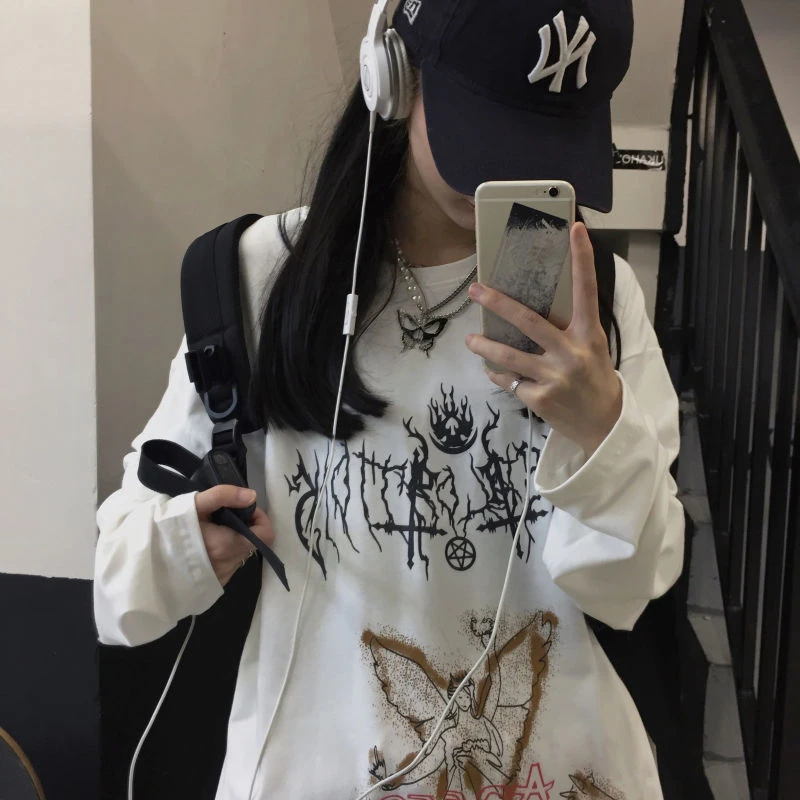 Футболка мужская с длинным рукавом готическая ретро-футболка принтом граффити