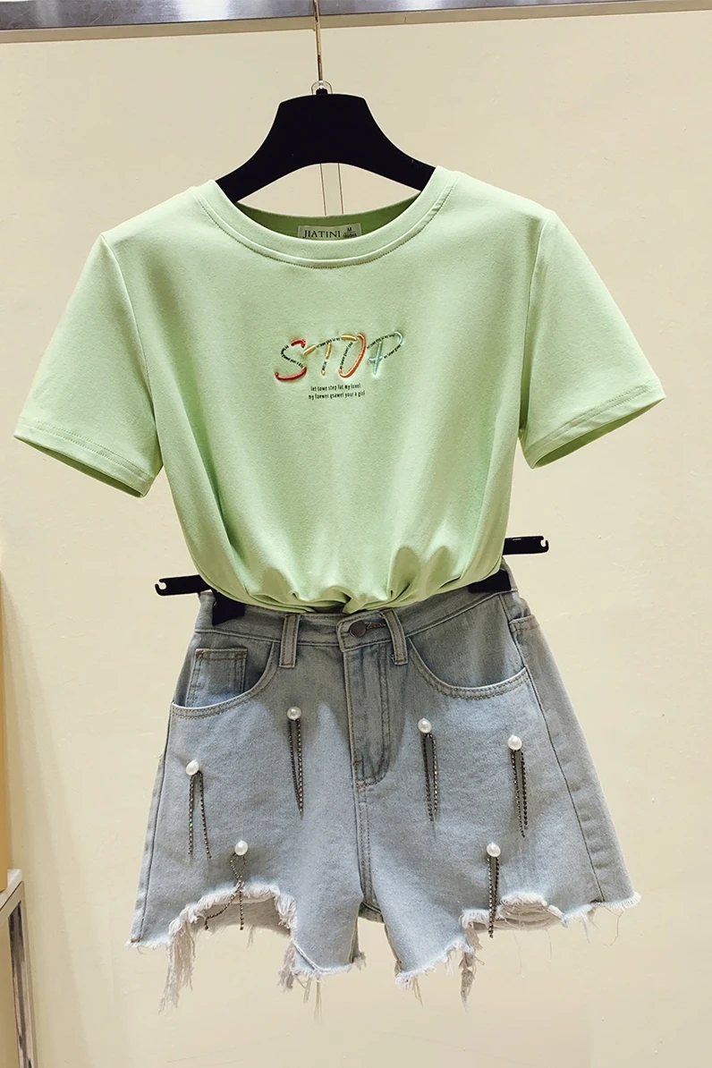 

Embroidered printed letter Shirt Solid Color Basic T Shirt Women Casual Harajuku Summer Top Korean Short T-shirt Cotton Tshirt