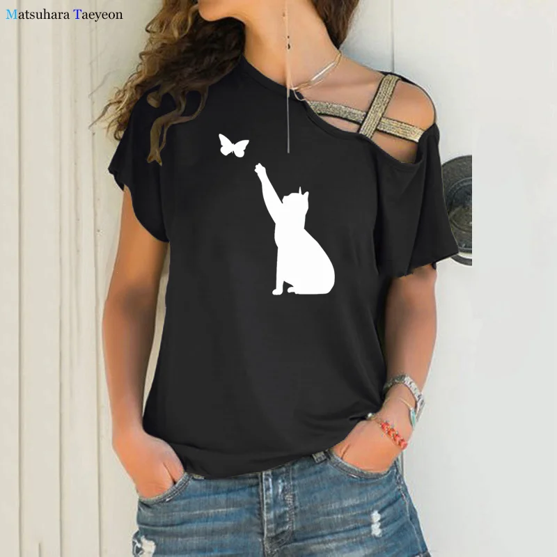 

Футболка женская с мультяшным котом и принтом бабочки, 2020
