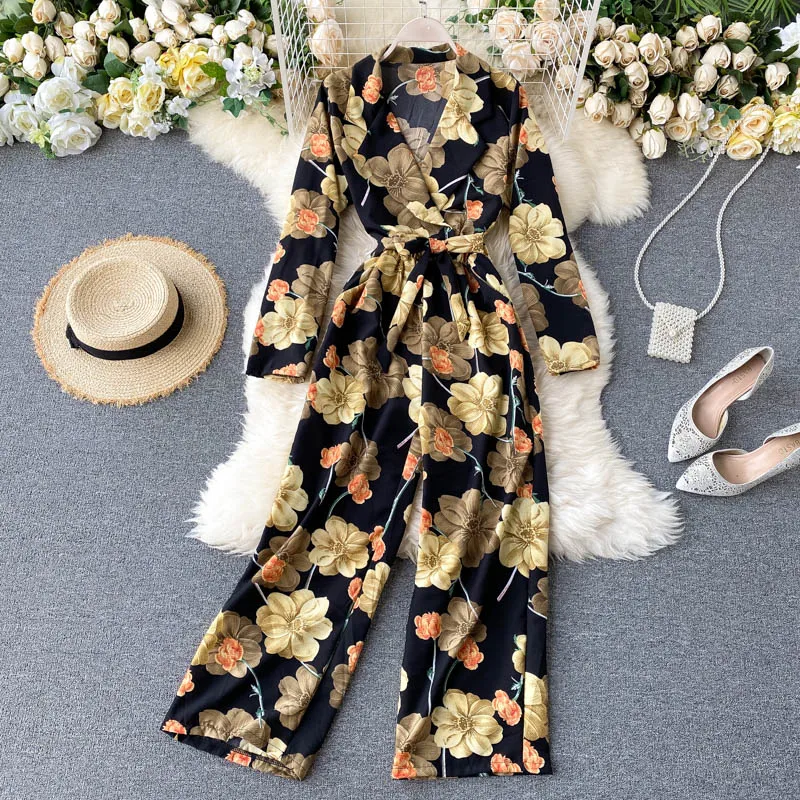 SINGRAIN Women Retro Print Rompers Autumn Fashion V Neck Long Sleeve Lace up Jumpsuits Casual Boho Floral Wide Leg | Женская одежда