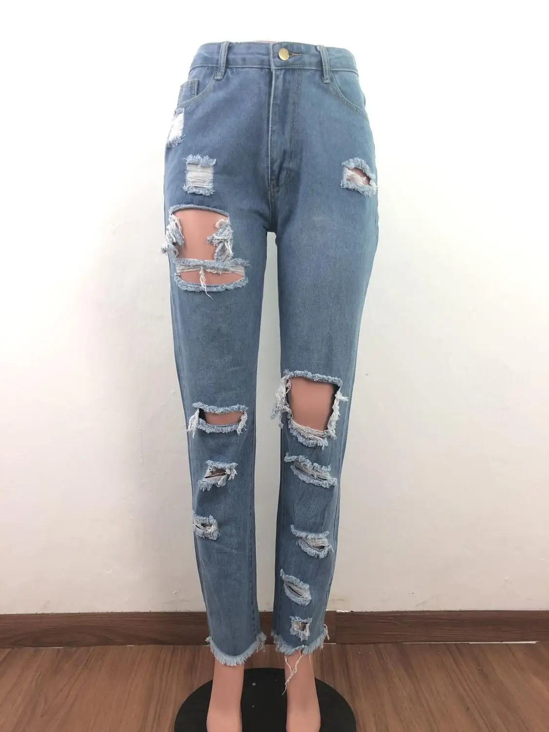 Женские повседневные длинные джинсы на молнии с дырками и высокой талией брюки