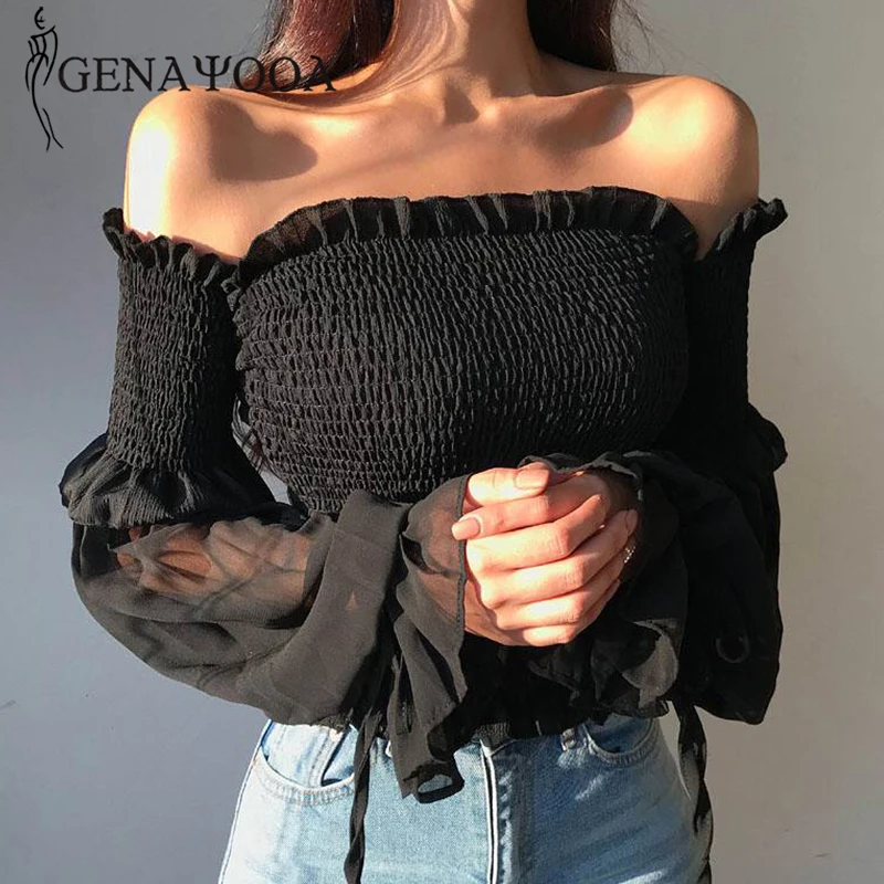 Женская блузка с открытыми плечами Genayooa белая длинным рукавом в Корейском стиле