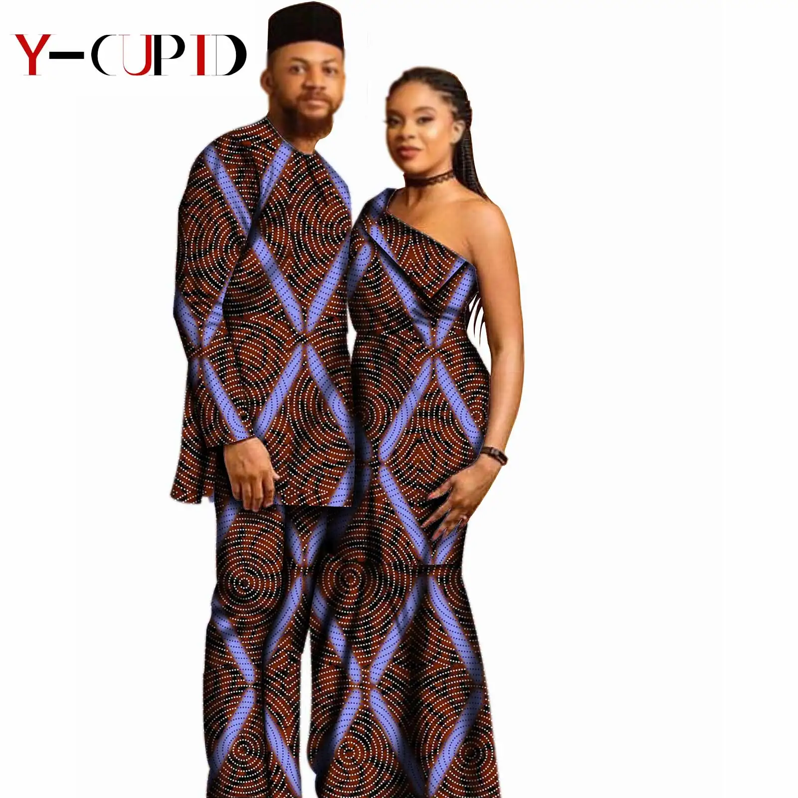 

African Couple Clothes Women One Shoulder Long Dresses Matching Men Outfits Cap + Shirt + Pants Sets Bazin Party Wear YS20C016