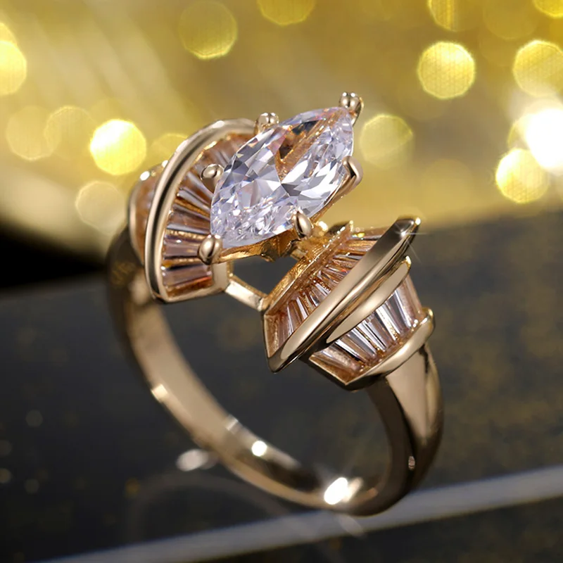 

Gorgeous Gold Color Women Ring Marquise Cubic Zirconia Elegant Bridal Wedding Party Accessories Brilliant Fashion Jewelry