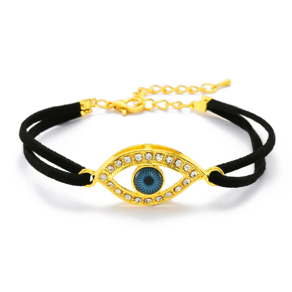 

Arab-Turkish Golden Eyes Diamond Black Rope Braided Charm Bracelet
