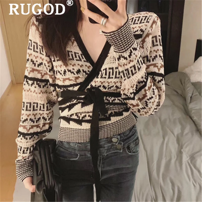 RUGOD Vintage embroidery knitted sweater women Fashion auturm sexy v neck lace up cardigan sweaters female sueter mujer invierno |